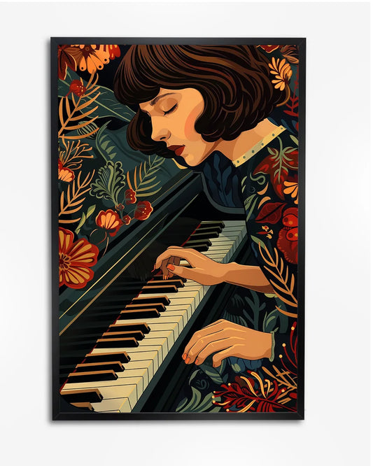 Poster - Vrouw achter piano - Retro - Illustratie poster wanddecoratie – A4 formaat